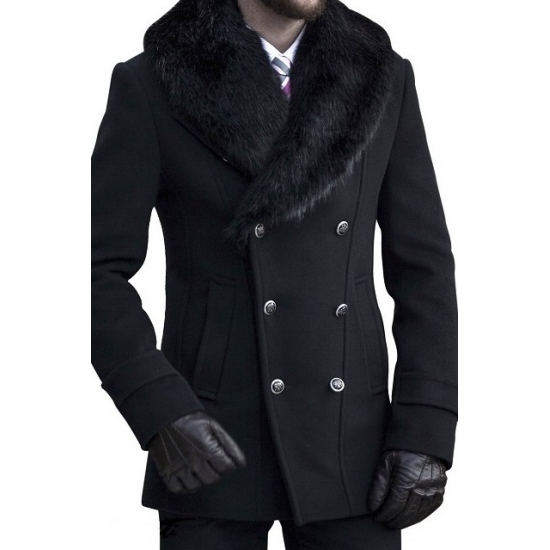 Palton barbati negru cu guler de blana B135