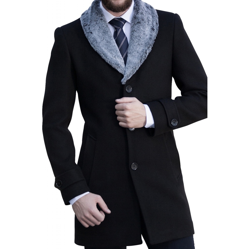 Palton barbati negru cu blana gri B138